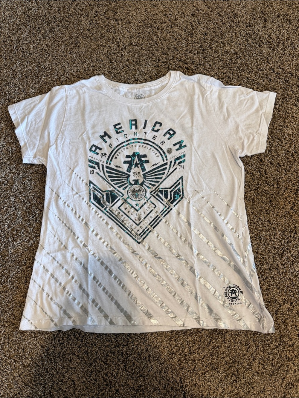 American Fighter White Tee with Teal and Silver Graphic Accents